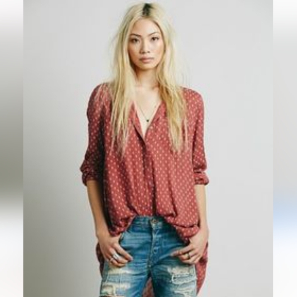 FREE PEOPLE Women's Small Burnt Mauve Terracotta 100% Rayon Button Tunic Shirt